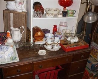 glassware, bookcase, desk, child chair