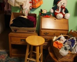 small secretary, scarves, aprons, shawls, bar stool, small table, chair