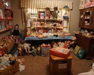 Dolls, end table, Heywood Wakefield china cabinet