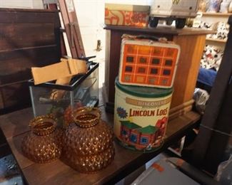 Lincoln Logs, glass globes, vintage lunch box