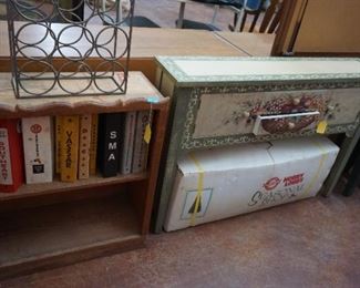 small book case, entry table, wine rack