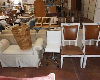 chairs, bench, large wicker basket