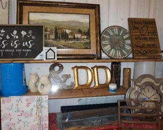 wall decor, letters, clocks, wall shelf