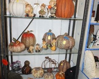 Pumpkins and fall decor,  glass shelf display