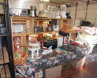 Blenders and other small appliances, decorative cake stand, candle holders, baskets, lamp, train case