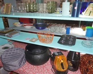 Halloween decor, glassware, cake pan, 