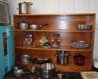pots and pans, 3 shelf long bookcase
