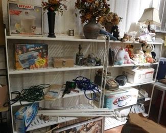 tools, ice cream freezer, fire safe, environmental coveralls, lamps, floral, rope lights, extension cords,  stuffed animals, vintage office machines