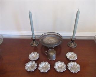 TEN PIECES OF STERLING SILVER CONSISTING OF CANDLESTICKS FINGER BOWLS CUP SERVING DISH