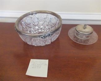 VICTORIAN CUT GLASS BOWL WITH STERLING SILVER RIM CUT GLASS CONDIMENT SERVER WITH STERLING SILVER MONOGRAM LID