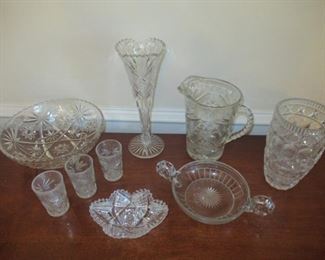 VINTAGE CUT GLASS CRYSTAL CUPS DISHES BOWL VASES AND A VICTORIAN WATER PITCHER