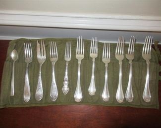 ANTIQUE 11 PIECE STERLING SILVER ORNATE ASSORTED FORKS AND SPOON ONE FORK HAS DAMAGE