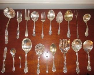 ANTIQUE 20 PIECES OF ASSORTED ORNATE STERLING SILVER SERVING TABLEWARE SOME WITH MONOGRAM