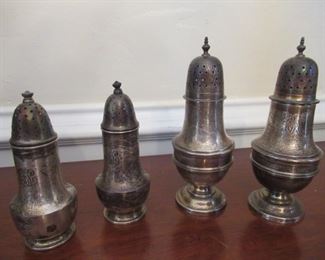 ANTIQUE FOUR PIECE STERLING SILVER SALT AND PEPPER SHAKERS WITH MONOGRAMS