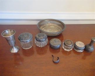 EIGHT ASSORTED PIECES OF VICTORIAN GLASS CRYSTAL & STERLING SILVER SOME WITH MONOGRAMS