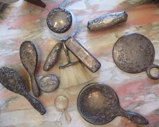 VICTORIAN SILVER-PLATED VANITY ACCESSORIES BRUSHES MIRRORS POWDER AND TRINKET BOXES ETC.