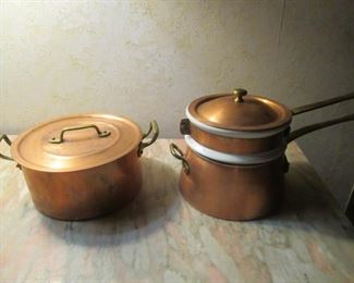 HALL COPPER BRASS AND CERAMIC ROLLED RIM DOUBLE BOILER AND VINTAGE COPPER COOKING POT WITH BRASS HANDLES