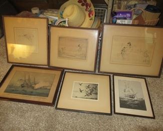 3 ANTIQUE/VINTAGE ETCHINGS THE LARGEST IS 18" X 14" BY TROY KINNEY, 2 VINTAGE LITHOGRAPHS OF AMERICAN WARSHIPS AND FRANK BENTON ORIGINAL ETCHING
