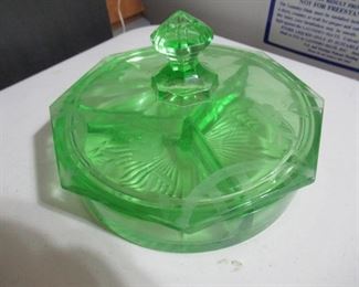 2 URANIUM GLASS SEVING DISHES AND ORNATE PINK GLASS PLATTER