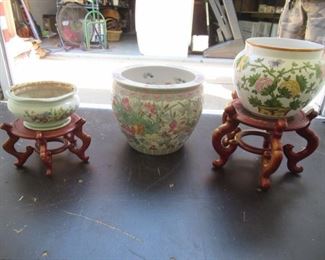 VINTAGE JAPANESE THEMED PLANTERS 2 WITH WOOD BASES