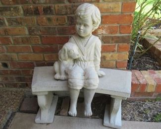 CONCRETE BOY AND HIS DOG GARDEN ART 25" AND CONCRETE BENCH YARD ART 29" X 14" X 11"