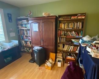 Books, media cabinet, sewing supplies