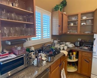 toaster oven, glassware, misc kitchen supplies