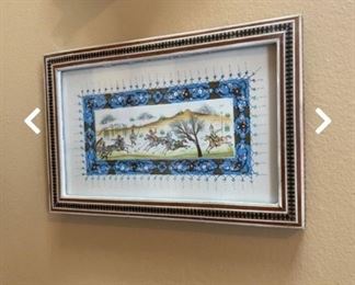 Vintag persian khatam marquetry frame with camel bone and hand painted art hunt scene