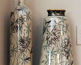Large Decorative Ceramic Vases, Qty 2, 14.5" And 18.5" Tall, And Painted China Bowl