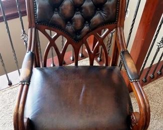 Faux Leather And Wood Accent Chair With Button Tufted Back And Brass Nail Head Trim, 40" x 25" x 28"