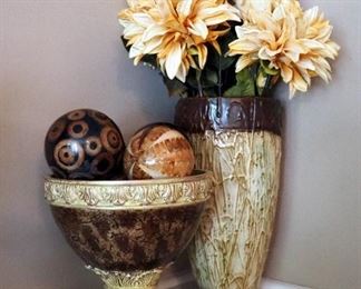 Pedestal Bowl With Decorative Orbs And 11.5" Pottery Vase With Artificial Flowers