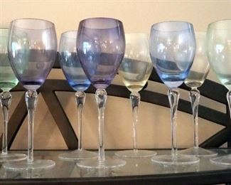 Hand Blown Pastel Colored Wine Glasses, Qty 8
