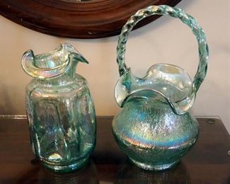 Fenton Aqua Marine Opalescent 8.5" Ruffled Edge Vase With Indented Sides And 11" Twisted Handle Basket