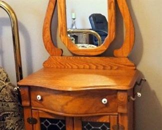 Vintage Keepsake Pulaski Furniture Wash Stand With Leaded Glass Doors, Brass Handles, Towel Racks, And Tilt Mirror, 67" x 33" x 20"