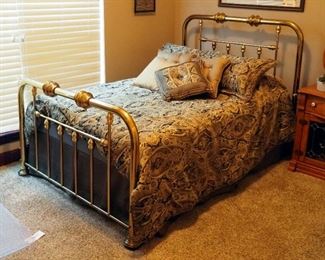 Full Size Brass Bed, Including Headboard, 51" x 54", Footboard, 33" x 54", Side Rails, Sealy Box Springs, Mattress, And Comforter Set