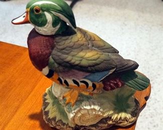 Andrea By Sadek Painted Ceramic Wood Duck Decanter, 8.5" Tall, Hand Painted Cast Ceramic Resting Mallard, 6" x 12" x 8", And Mallard Serving Tray