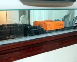 Electric Model Train Display, Including Engine, Coal Car, Santa Fe Boxcar, Marx Crane, Flatbed Car, And Caboose, 8.5" x 56" x 7.5"