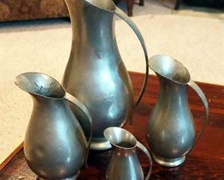 Vintage Royal Holland K.M.D. Daalderop Pewter Sculptural Pitchers, Including 10", 6", And 4", Qty 2, Total Qty 4