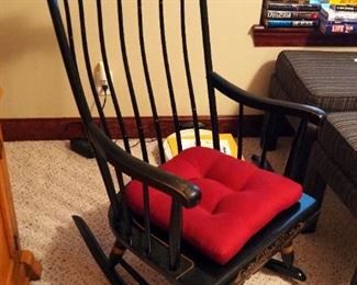 Vintage Painted Wood Spindle Back Rocker With Padded Seat Cushion, 43" x 23" x 26"