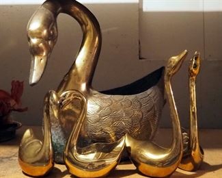 Vintage Brass Swan Planter 13" x 16" x 8" And Swan Figurines, Qty 4, 5.5" To 8.5"