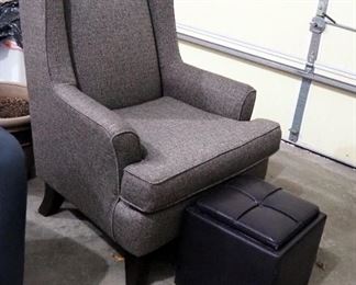 Best Home Furnishing Upholstered Accent Chair, 41.5" x 32" x 30.5" With Wood Legs With Faux Leather Foot Stool With Storage, 14.5" x 14.75" x 14.75"