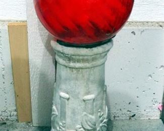 Ruby Red Glass Gazing Ball With Concrete Base, 28" Tall