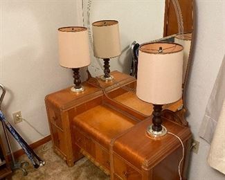 AMAZING Waterfall 1930s Antique Bedroom Suite. Includes full size headboard with rails, vanity with mirror, dresser and night stand. 