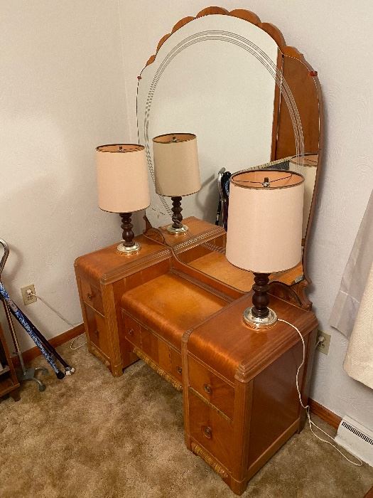 AMAZING Waterfall 1930s Antique Bedroom Suite. Includes full size headboard with rails, vanity with mirror, dresser and night stand. 