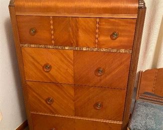AMAZING Waterfall 1930s Antique  Bedroom Suite. Includes full size headboard with rails, vanity with mirror, dresser and night stand. 