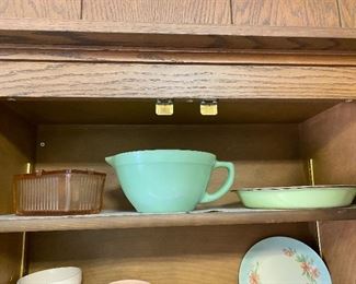 Fireking Jadeite bowl/with spout, Pyrex green pie plate, pink depression butter dish