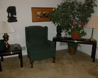 Wingback chair & black lacquer tables, etc
