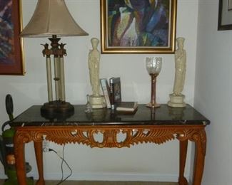 Marble top carved table w/misc
