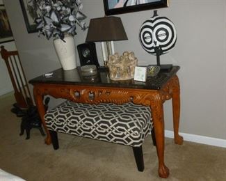 Another marble-top carved table, misc. & black/white bench
