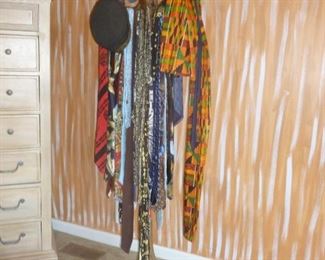 bentwood coat rack, ties & african hats